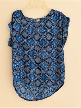 Pink Rose Blue Geometric Print Blouse